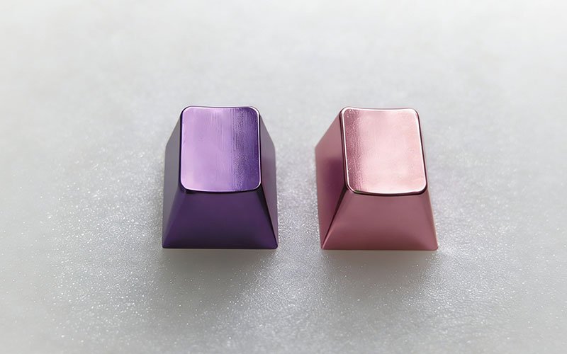 Two CNC machined aluminum keycaps with purple and rose gold anodized finish for mechanical keyboards.