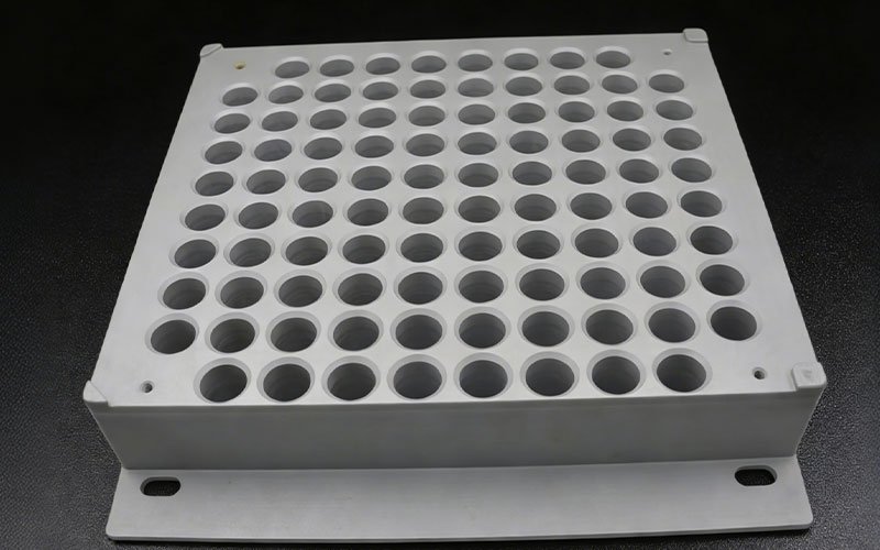 Angled view of Custom Dry Bath Block CNC Machining in aluminum