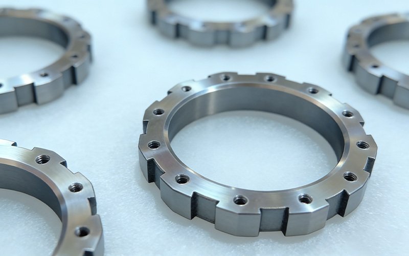 Batch of CNC machined titanium locking rings with castellated outer profile and threaded holes.