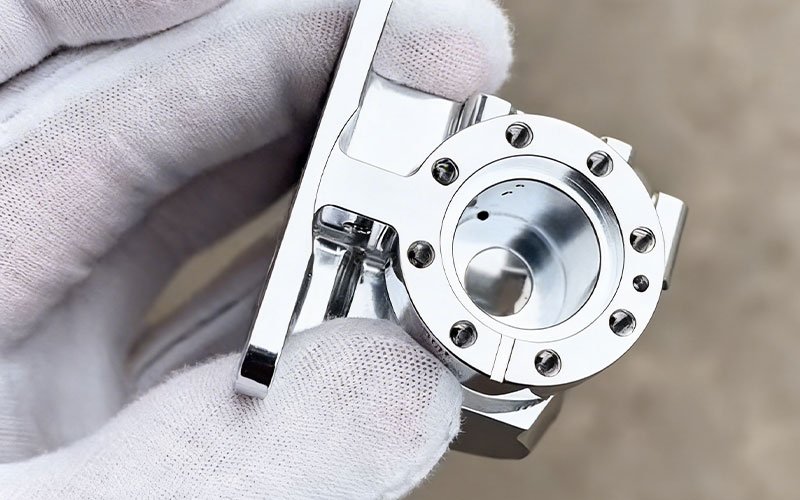 High-precision custom CNC machined aluminum part with a mirror finish, held by a technician in white gloves for quality inspection.