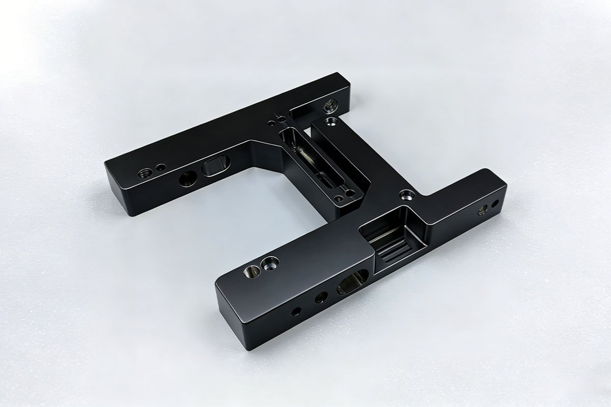 High-precision CNC machined black anodized aluminum part, representing functional prototyping quality in a comparison guide against 3D printing and vacuum casting.