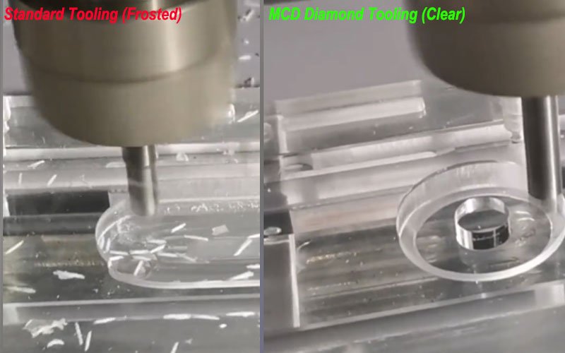 Side-by-side comparison of CNC milling acrylic: standard carbide tool creating a frosted finish (left) versus a monocrystalline diamond tool creating an optically clear finish (right).