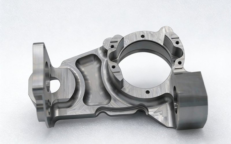 CNC machined robotic knuckle part with two perpendicular bearing bores and lightweight pocketing.