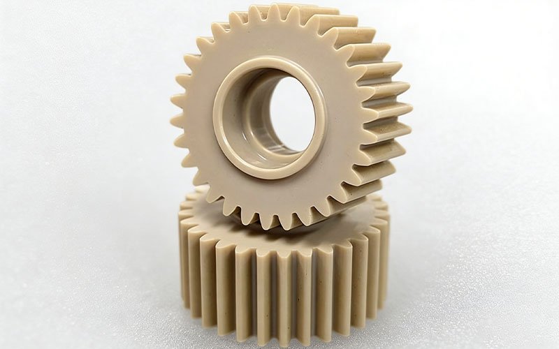 CNC Milled Custom PEEK Gears Two custom CNC machined virgin PEEK spur gears with a counterbored hub, demonstrating burr-free involute tooth profiles.