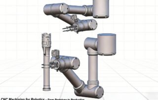 3D CAD model of an articulated robotic arm with gripper, illustrating complex parts that require precision CNC machining.
