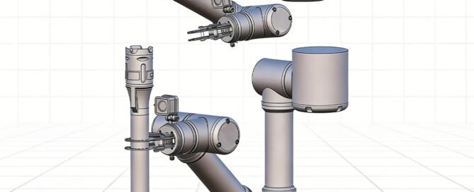 3D CAD model of an articulated robotic arm with gripper, illustrating complex parts that require precision CNC machining.