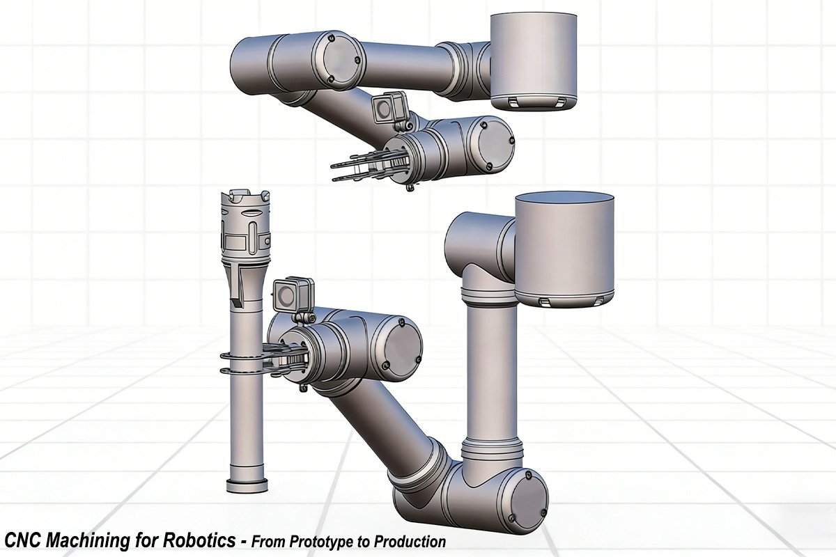 3D CAD model of an articulated robotic arm with gripper, illustrating complex parts that require precision CNC machining.