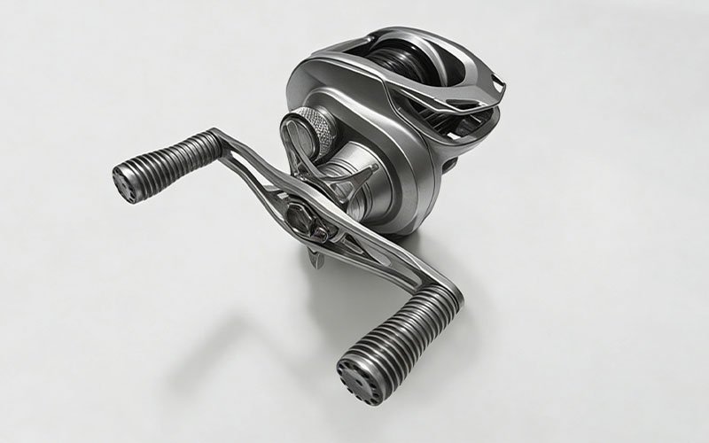 A custom CNC machined aluminum baitcasting reel, showcasing ergonomic handles and precision-milled frame.