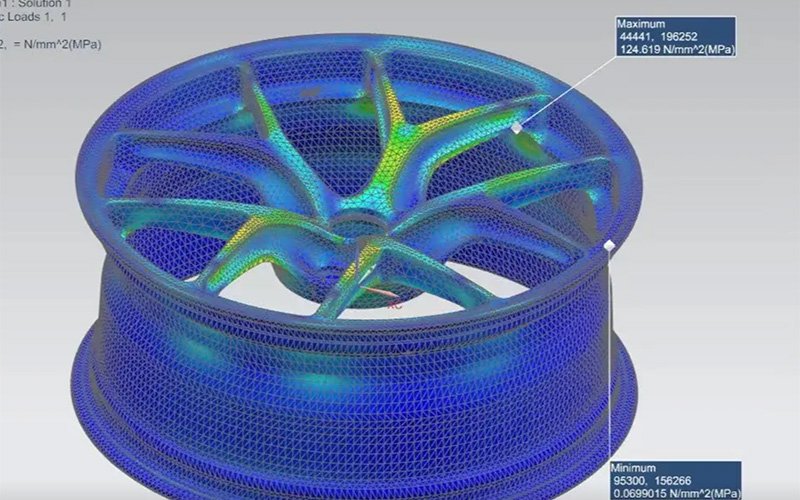 Finite Element Analysis (FEA) computer simulation of a custom CNC machined car wheel design.