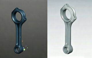 Side-by-side comparison of a connecting rod: STL mesh from 3D scan on the left, finished STP CAD model on the right