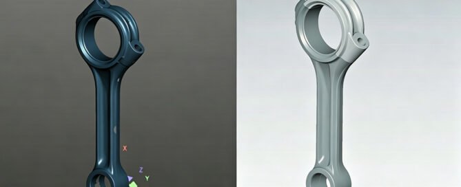 Side-by-side comparison of a connecting rod: STL mesh from 3D scan on the left, finished STP CAD model on the right