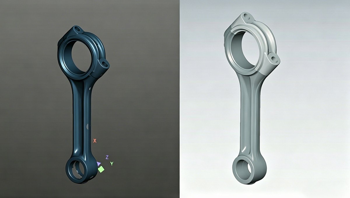 Side-by-side comparison of a connecting rod: STL mesh from 3D scan on the left, finished STP CAD model on the right