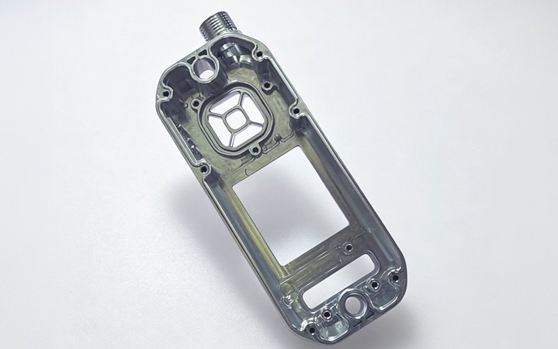 5-Axis CNC Machined Aluminum Prototype Enclosure – Rear View with Internal Structure Rear view of 5-axis CNC machined aluminum prototype enclosure showing internal mounting features and sensor housing