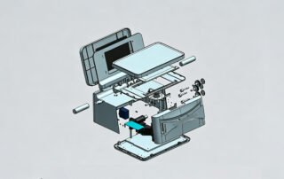 Exploded view of a custom hardware product showing internal mechanical structure, electronic components, and CNC machined enclosure parts