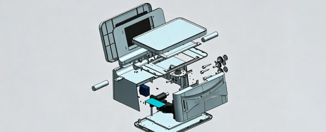 Exploded view of a custom hardware product showing internal mechanical structure, electronic components, and CNC machined enclosure parts