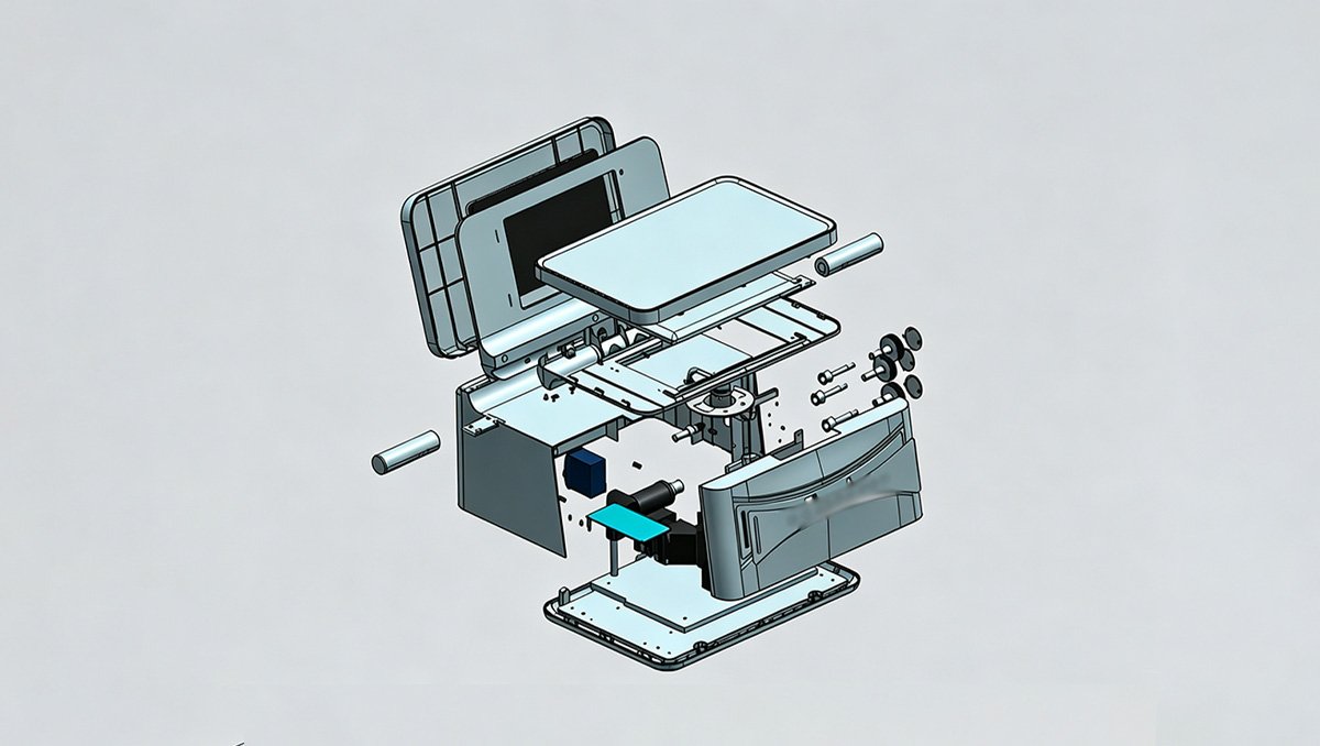 Exploded view of a custom hardware product showing internal mechanical structure, electronic components, and CNC machined enclosure parts