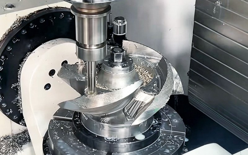 5-axis CNC machine cutting a blade surface on a 316L stainless steel impeller, mid-production