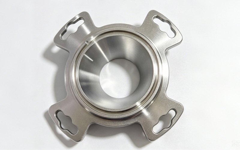 Custom CNC milled stainless steel positioning flange with a self-centering cone seat and four slotted mounting arms