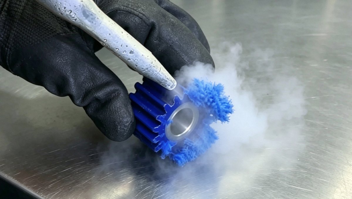Dry ice blasting nozzle removing burrs from a blue machined plastic gear, with CO2 vapor sublimating on contact