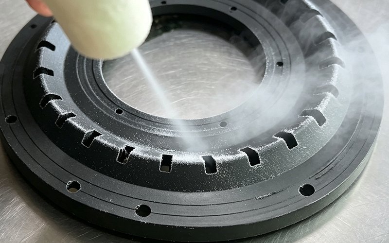 Dry ice blasting a CNC machined black POM ring with slots and holes, CO2 particles visible on the part surface