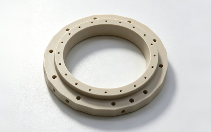 PEEK CNC machining case — custom stepped ring with dual bolt circles, faceted rim, and radial holes