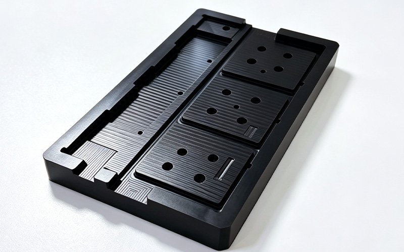 Close-up of precision stepped nesting pockets with chamfered edges on CNC machined black acetal fixture