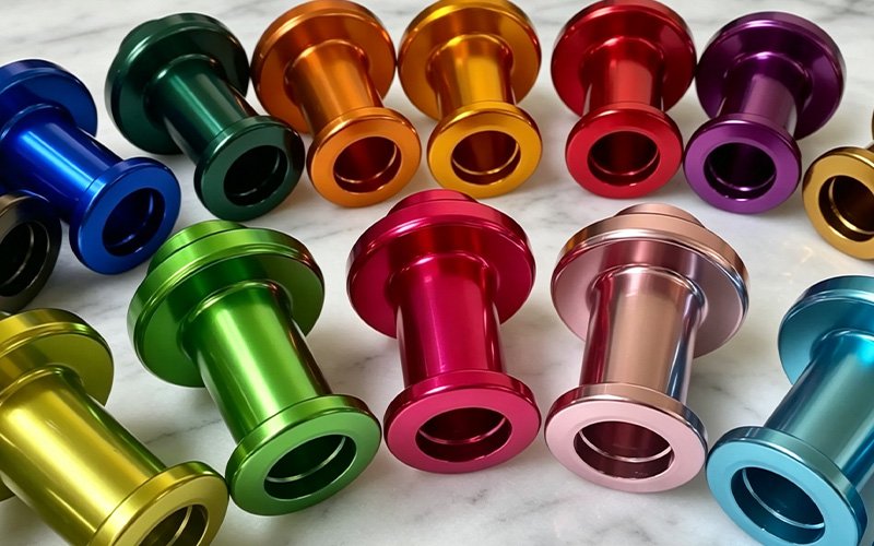 Set of 6061 aluminum parts anodized in clean, even bright colors including blue, green, orange, red, pink and purple
