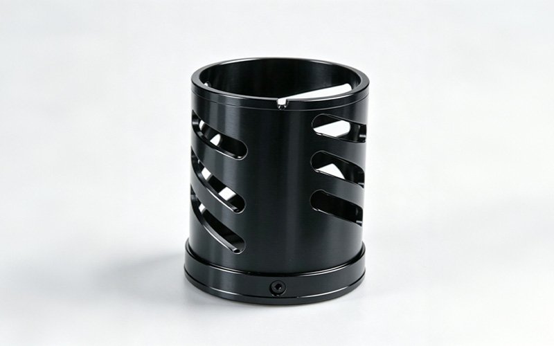 Custom Aluminum Helical Focusing Barrel Custom CNC machined aluminum helical focusing barrel for a microscope, black anodized with spiral cam slots
