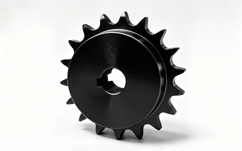 Custom CNC machined stainless steel sprocket with chain teeth, keyed bore and a black PVD finish