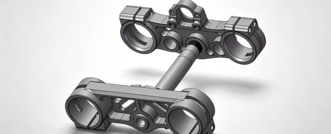 3D CAD design of a custom motorcycle triple clamp with upper and lower clamps and steering stem