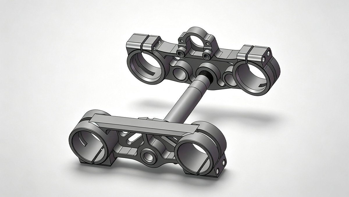 3D CAD design of a custom motorcycle triple clamp with upper and lower clamps and steering stem