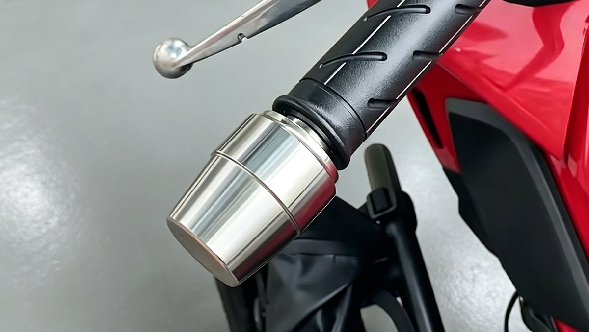 Custom CNC-machined stainless steel bar end weight installed on a Honda NX500 handlebar