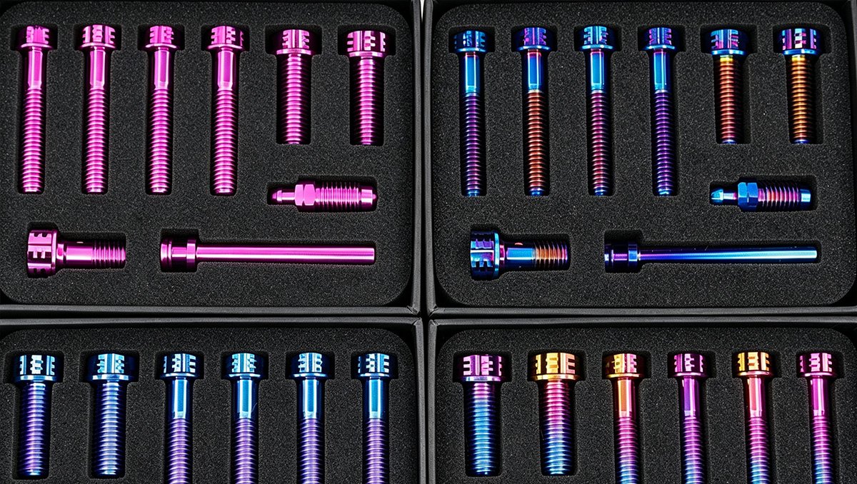 Kit of custom anodized titanium motorcycle bolts in multiple colors