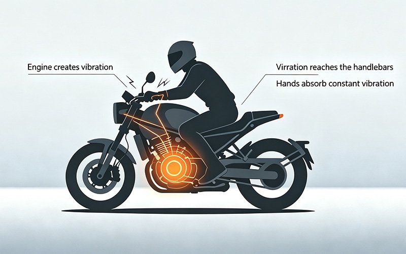 Diagram showing motorcycle vibration traveling from the engine through the frame to the handlebars
