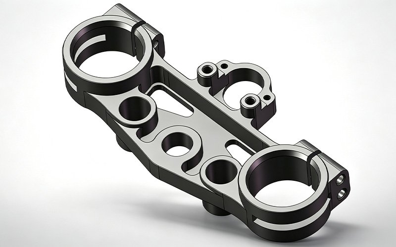 3D design of a custom motorcycle triple clamp showing the machined pockets and ribs